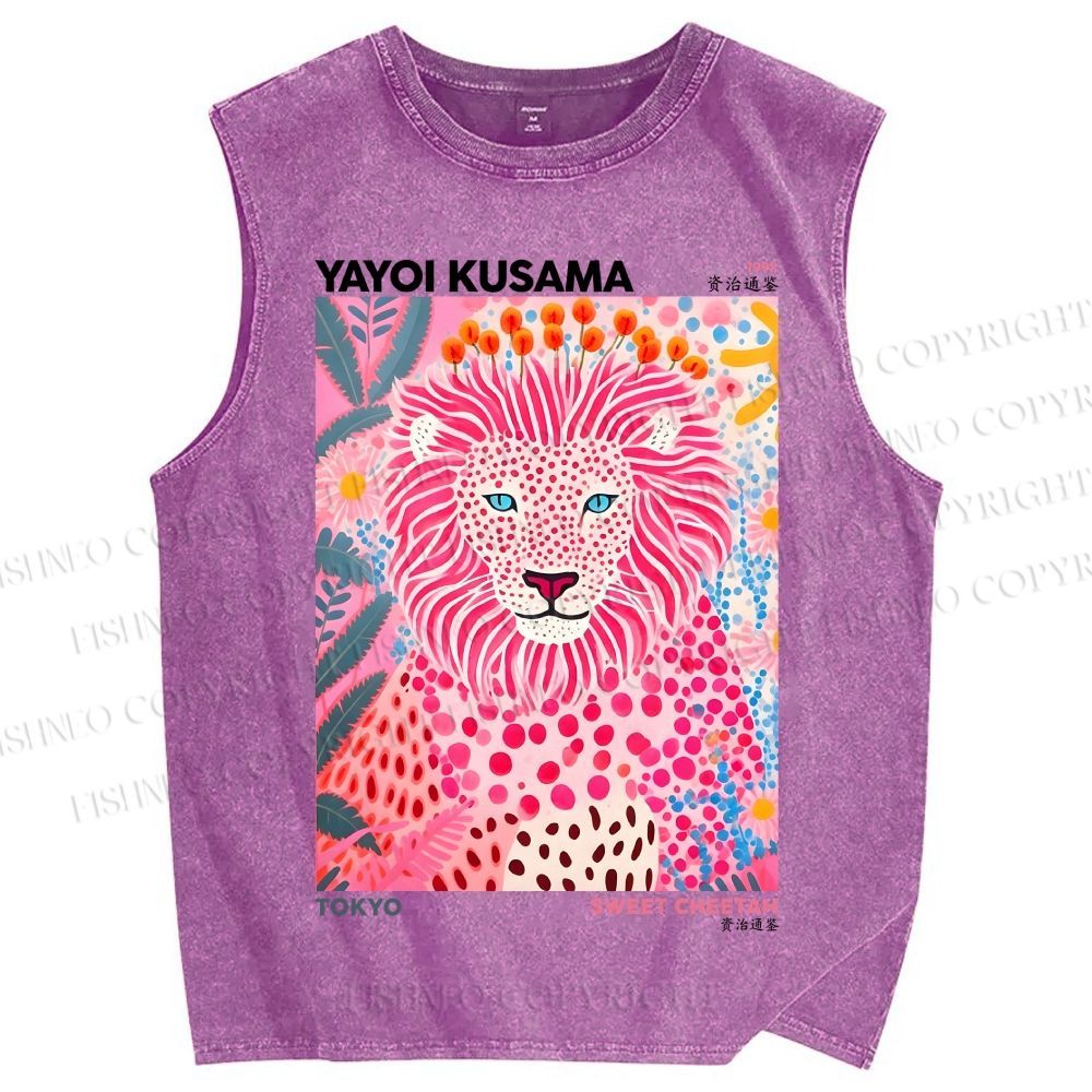 Unisex Yayoi Kusama Pink Lion Printed Washed Tank Top