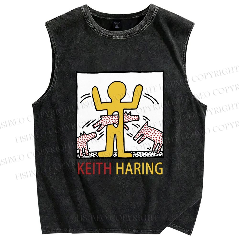 Unisex Keith Haring Monstrous Machines And Biting Dogs Printed Washed Tank Top