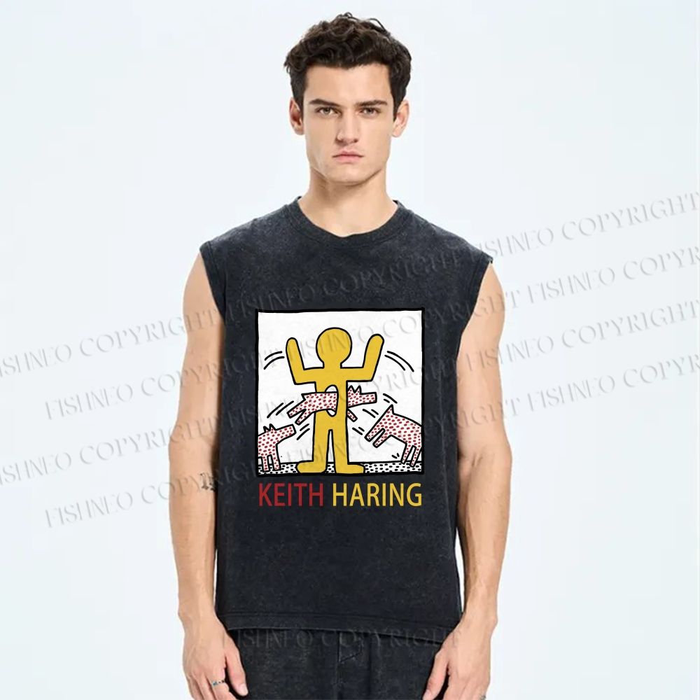 Unisex Keith Haring Monstrous Machines And Biting Dogs Printed Washed Tank Top
