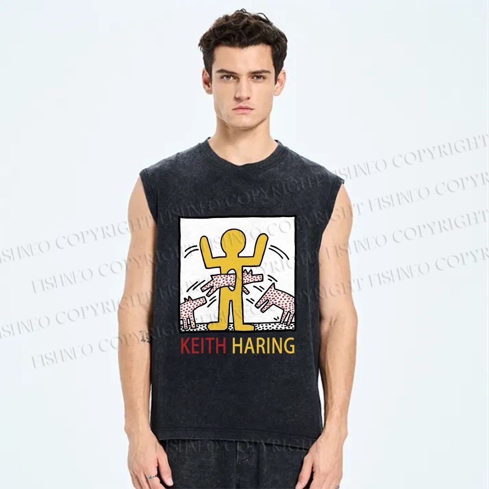 Unisex Keith Haring Monstrous Machines And Biting Dogs Printed Washed Tank Top