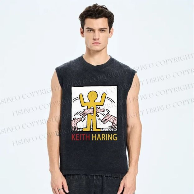 Unisex Keith Haring Monstrous Machines And Biting Dogs Printed Washed Tank Top