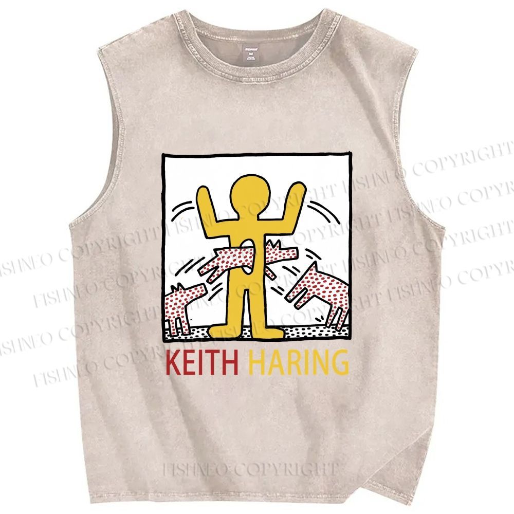 Unisex Keith Haring Monstrous Machines And Biting Dogs Printed Washed Tank Top