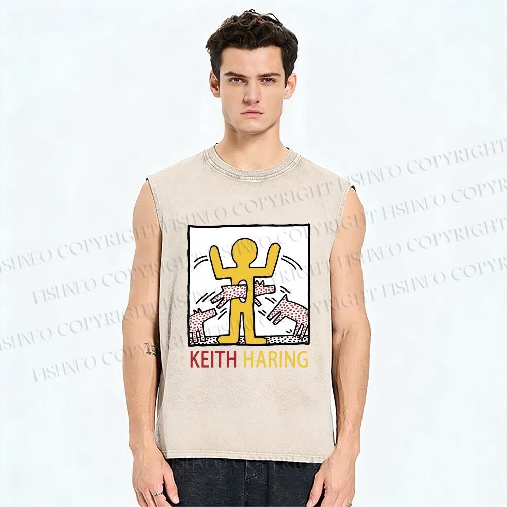 Unisex Keith Haring Monstrous Machines And Biting Dogs Printed Washed Tank Top
