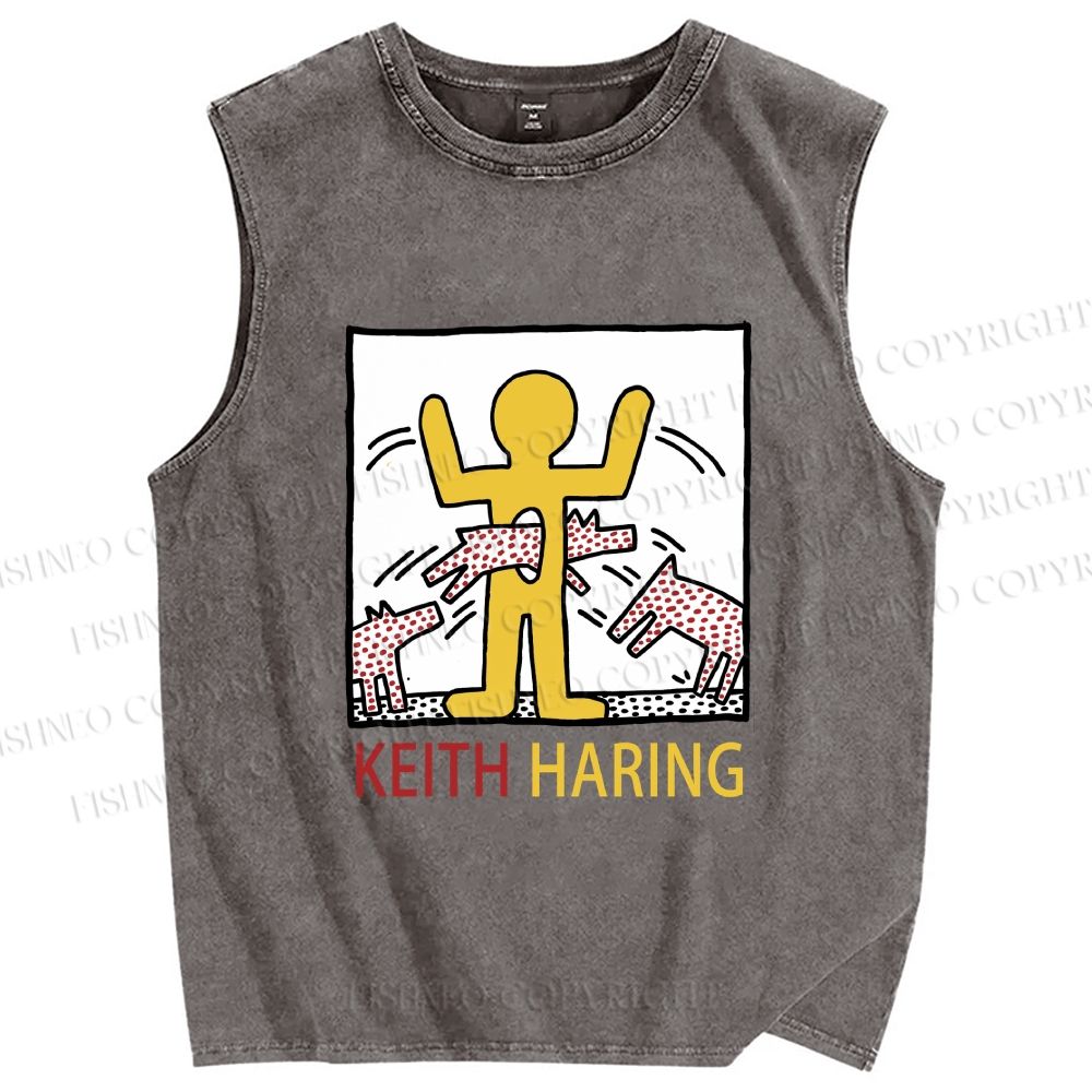 Unisex Keith Haring Monstrous Machines And Biting Dogs Printed Washed Tank Top