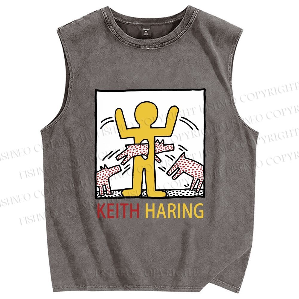 Unisex Keith Haring Monstrous Machines And Biting Dogs Printed Washed Tank Top