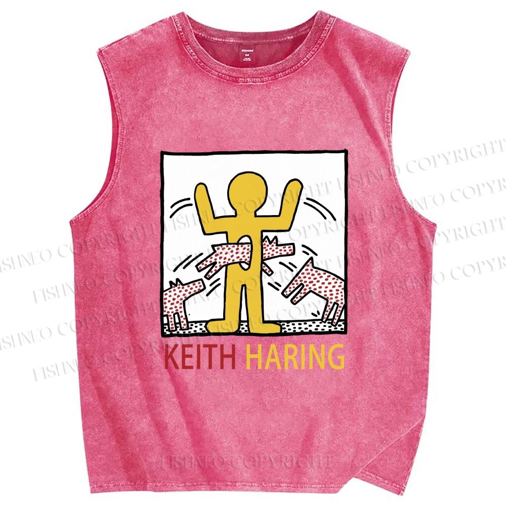 Unisex Keith Haring Monstrous Machines And Biting Dogs Printed Washed Tank Top