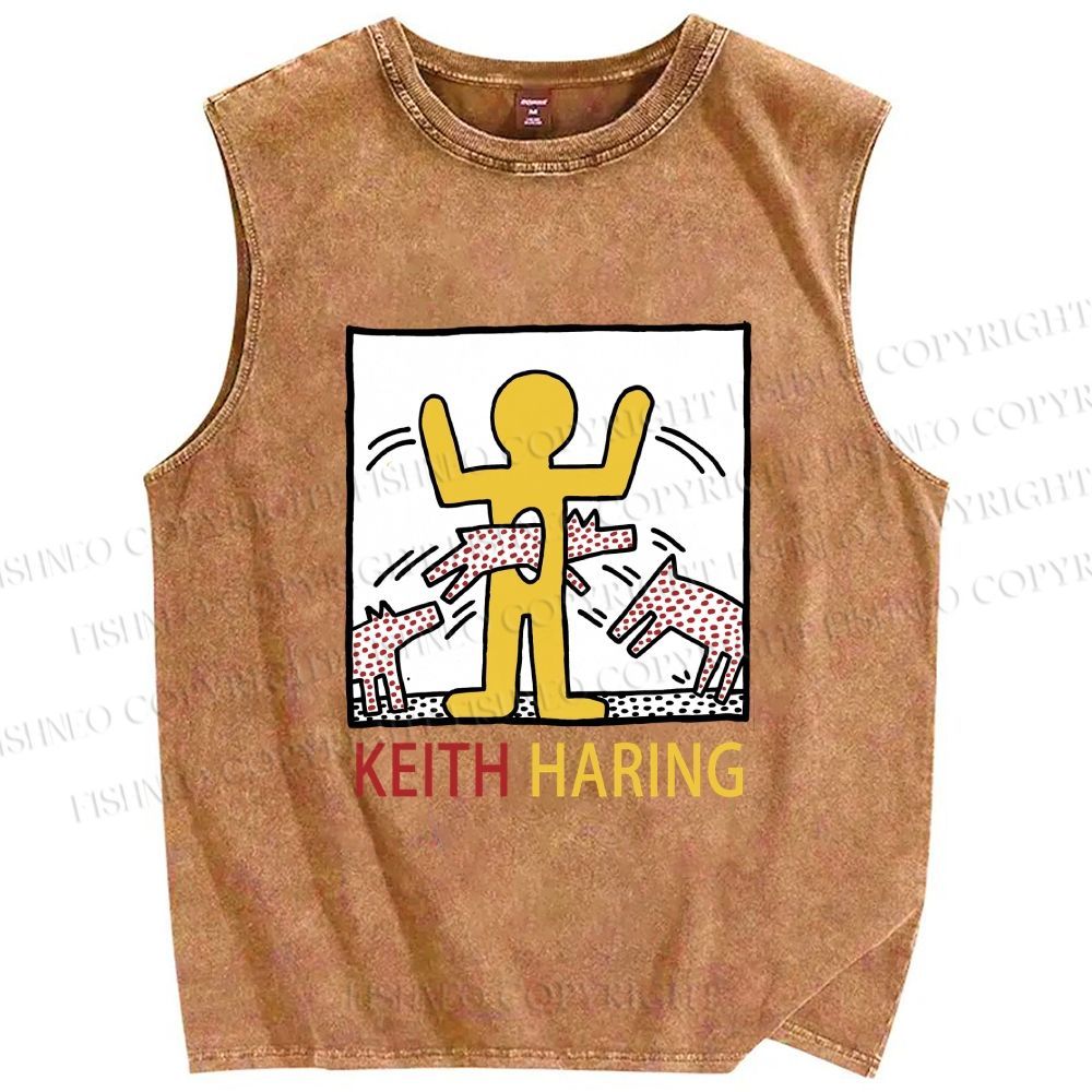 Unisex Keith Haring Monstrous Machines And Biting Dogs Printed Washed Tank Top