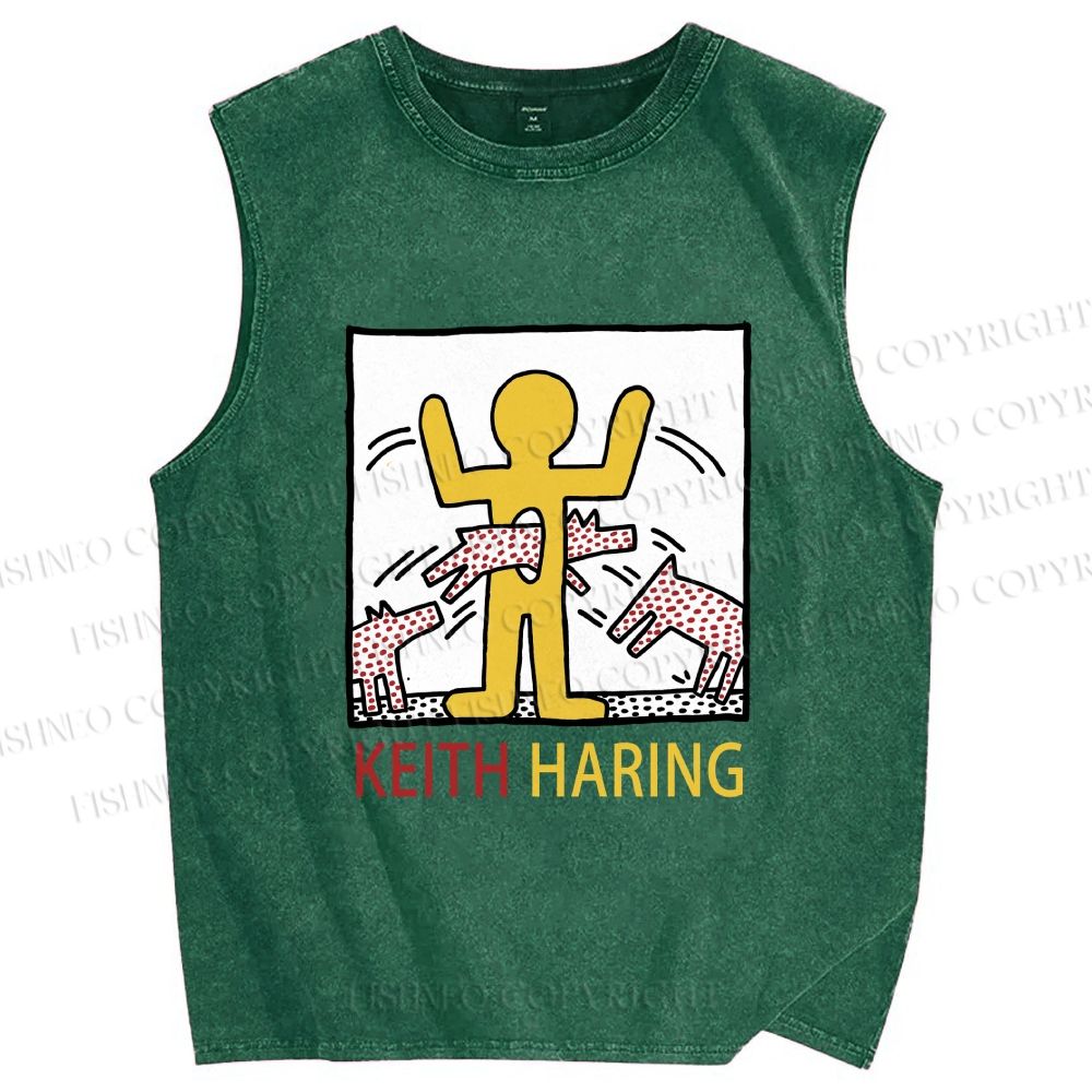Unisex Keith Haring Monstrous Machines And Biting Dogs Printed Washed Tank Top