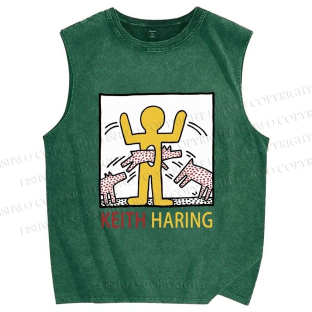 Unisex Keith Haring Monstrous Machines And Biting Dogs Printed Washed Tank Top