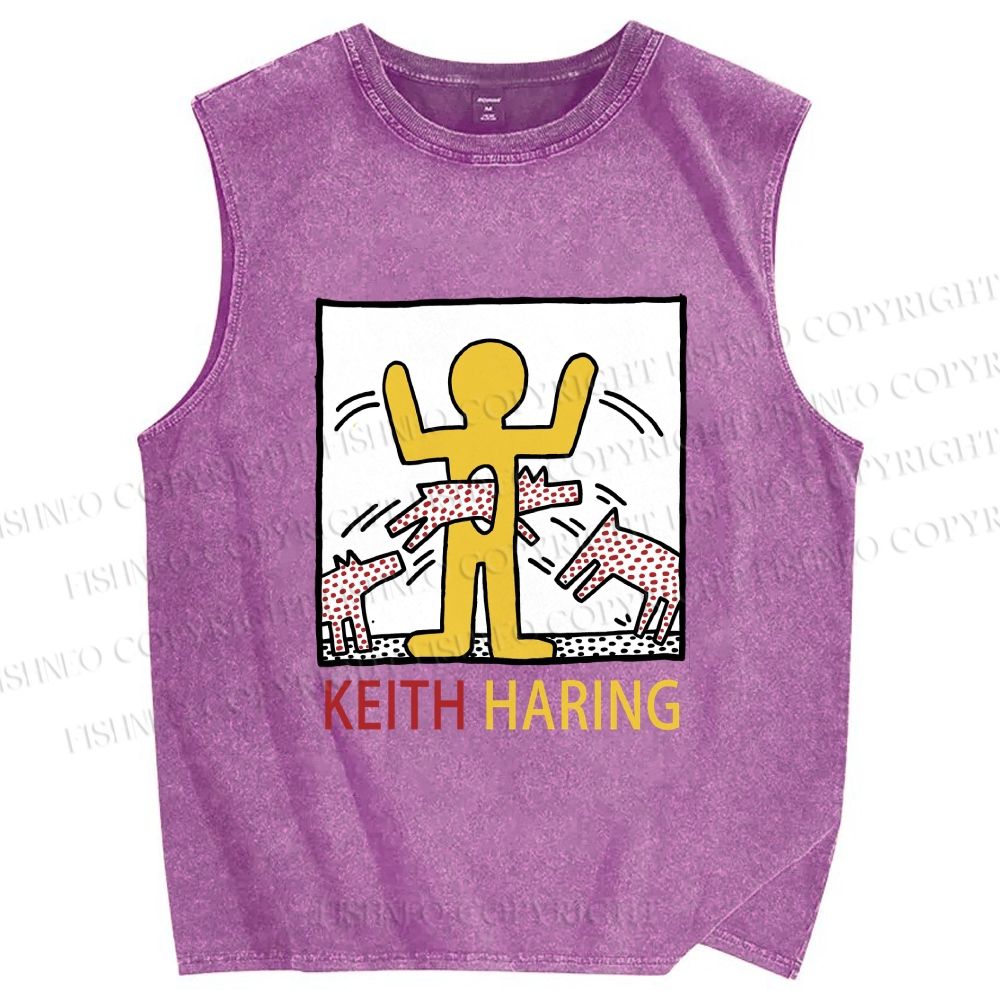 Unisex Keith Haring Monstrous Machines And Biting Dogs Printed Washed Tank Top