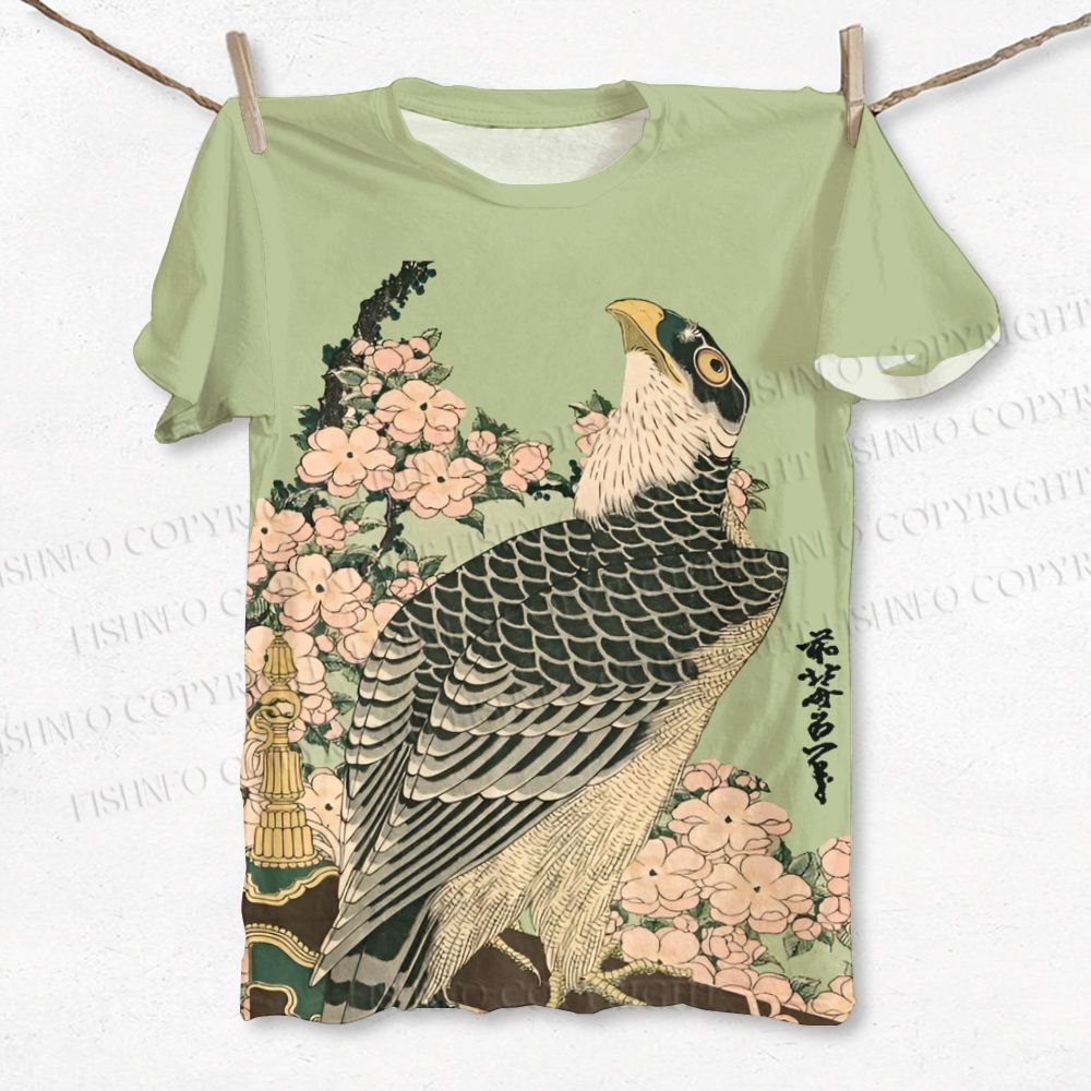 Unisex Japanese Ukiyo-e Bird in Flowers Printed Classic Cotton T-shirt