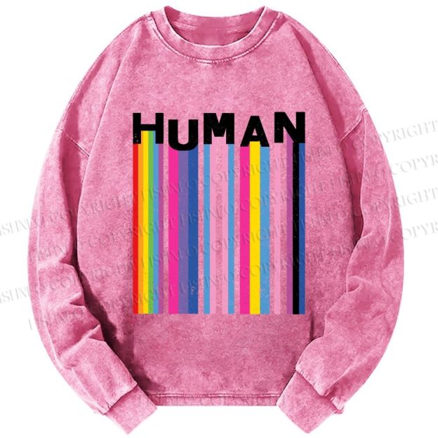 Unisex Casual Washed Pride Human Printed Long Sleeve T-shirt