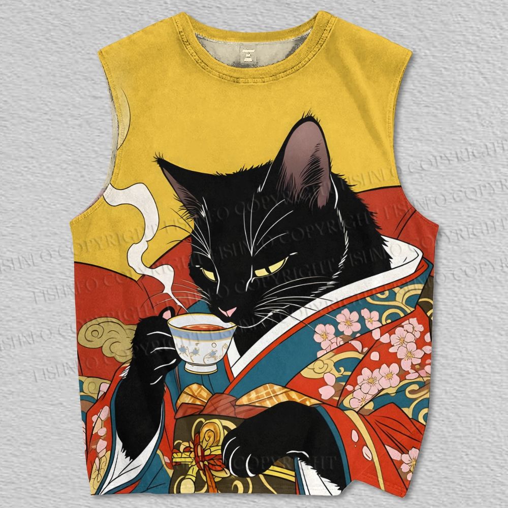 Unisex Kimono-clad Cat Printed Tank Top