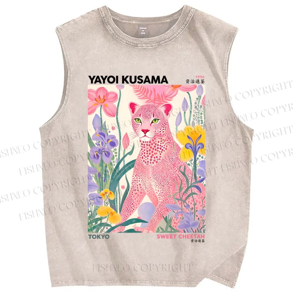 Unisex Yayoi Kusama Pink Cheetah Printed Washed Tank Top