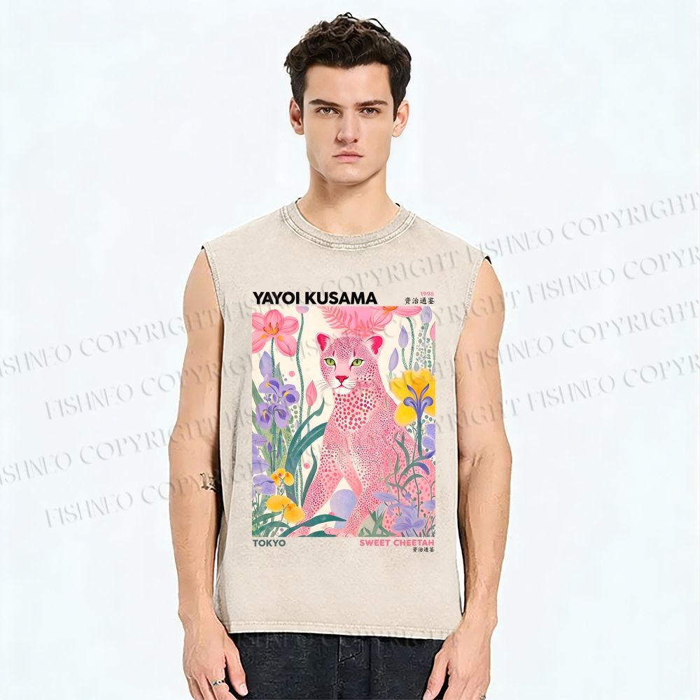 Unisex Yayoi Kusama Pink Cheetah Printed Washed Tank Top