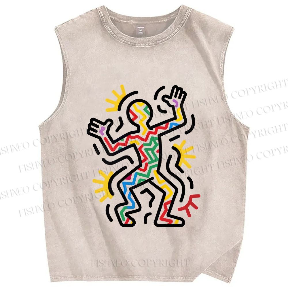 Unisex Keith Haring Dancing Printed Washed Tank Top