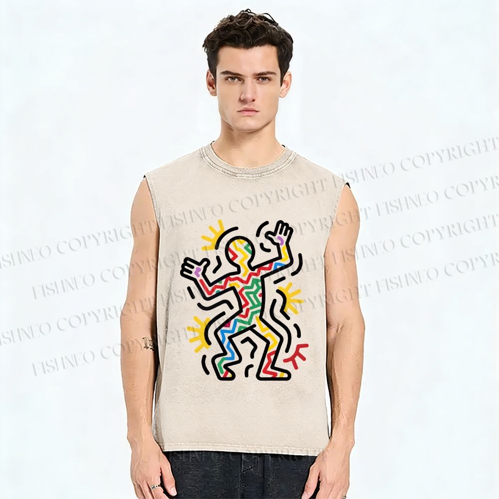 Unisex Keith Haring Dancing Printed Washed Tank Top
