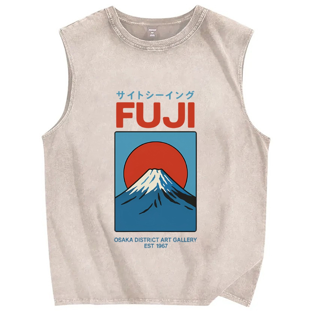 Unisex Japanese Osaka Mount Fuji Printed Washed Tank Top