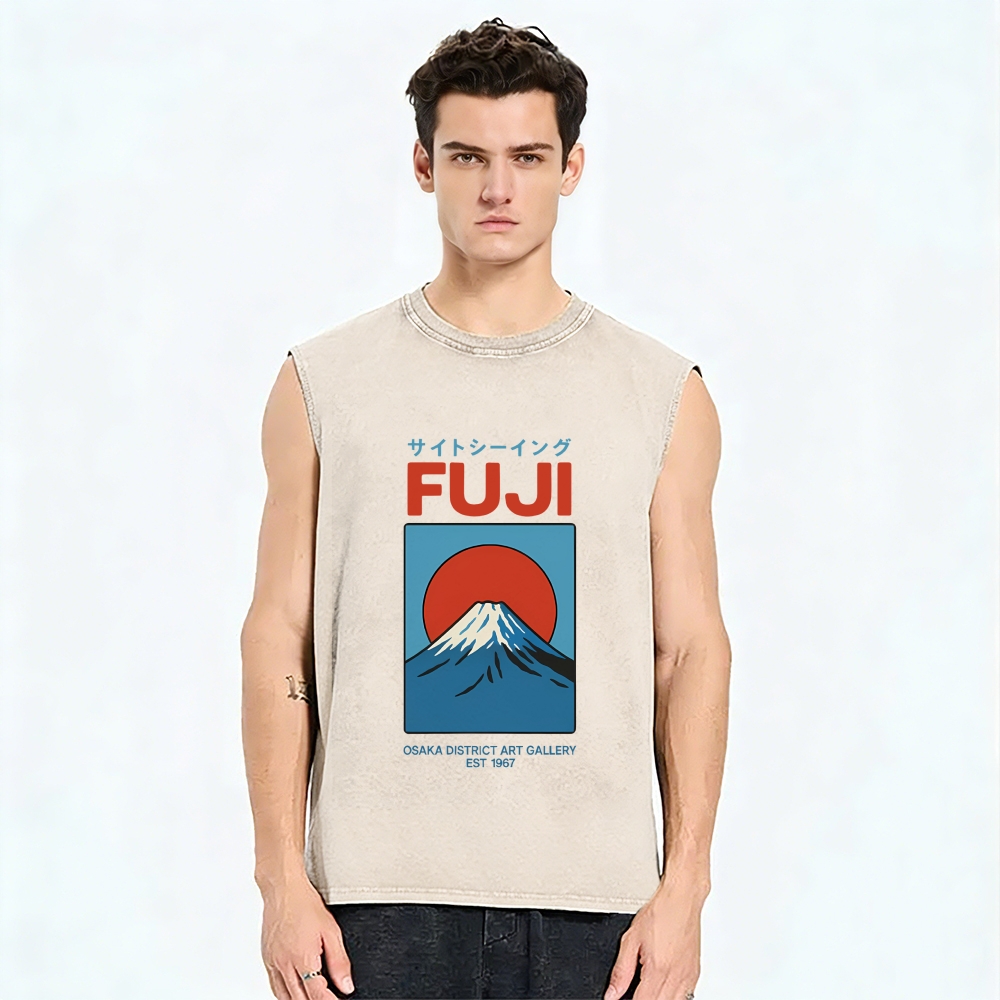 Unisex Japanese Osaka Mount Fuji Printed Washed Tank Top