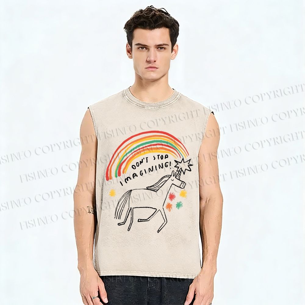 Unisex Imagining Unicorn Printed Washed Tank Top