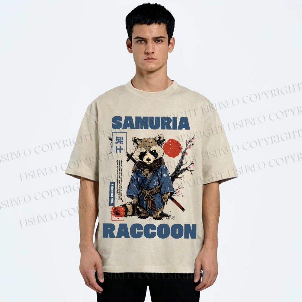 Unisex Raccoon Samurai Printed Washed Tee