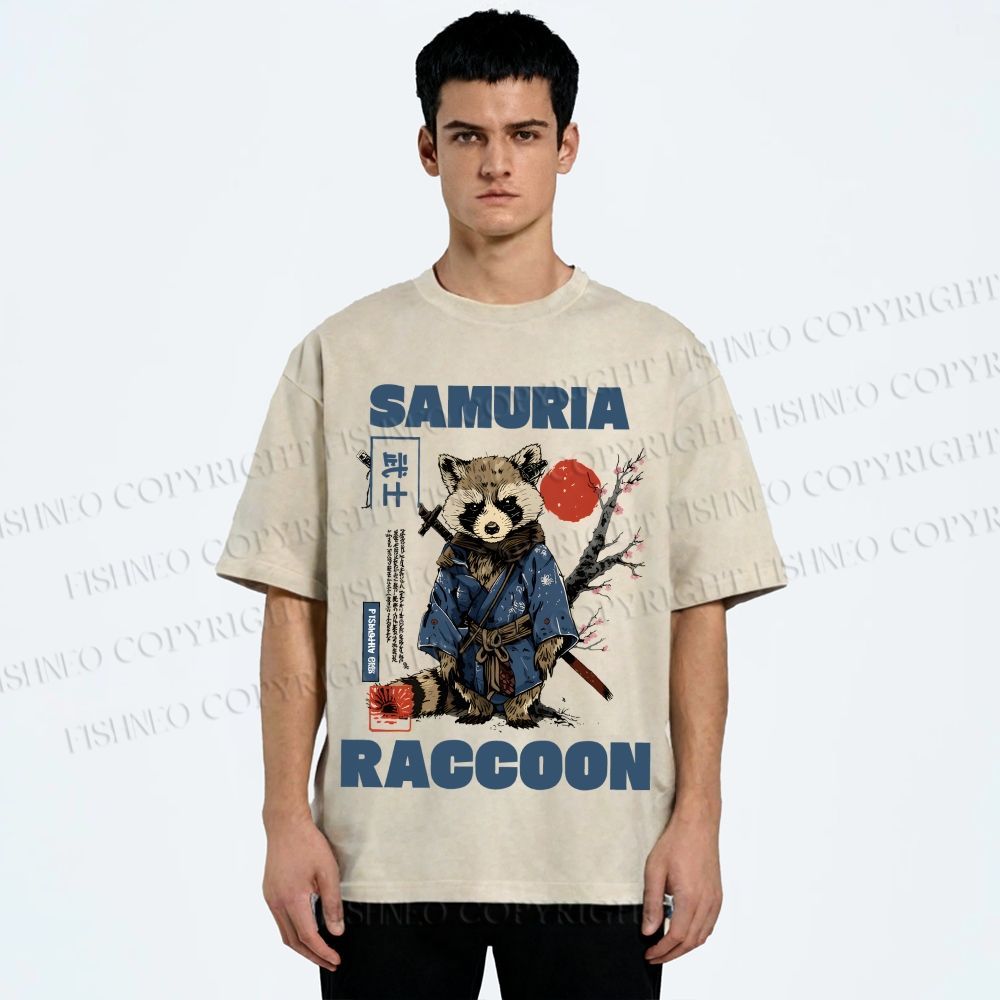 Unisex Raccoon Samurai Printed Washed Tee