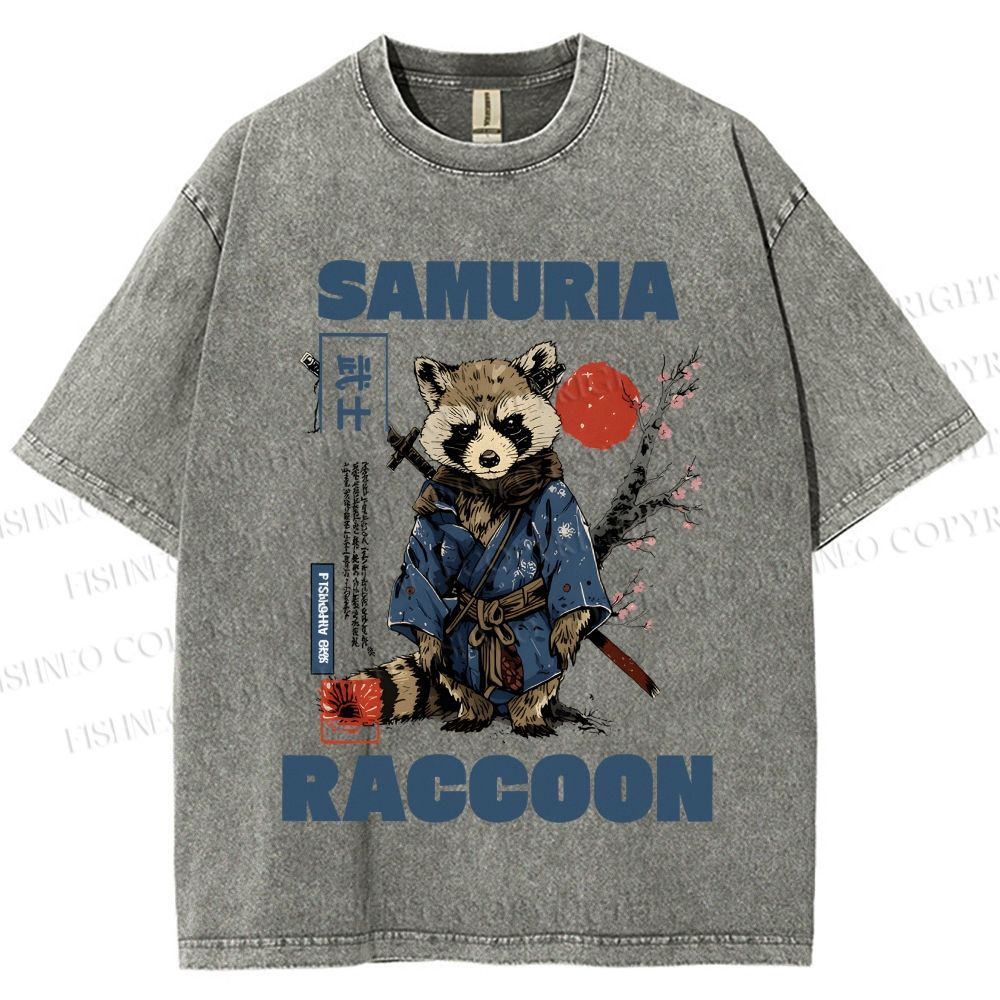 Unisex Raccoon Samurai Printed Washed Tee