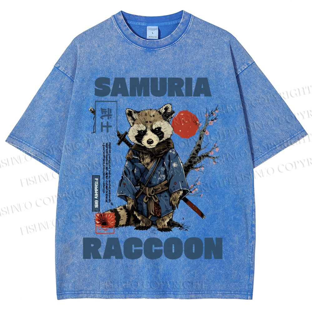 Unisex Raccoon Samurai Printed Washed Tee