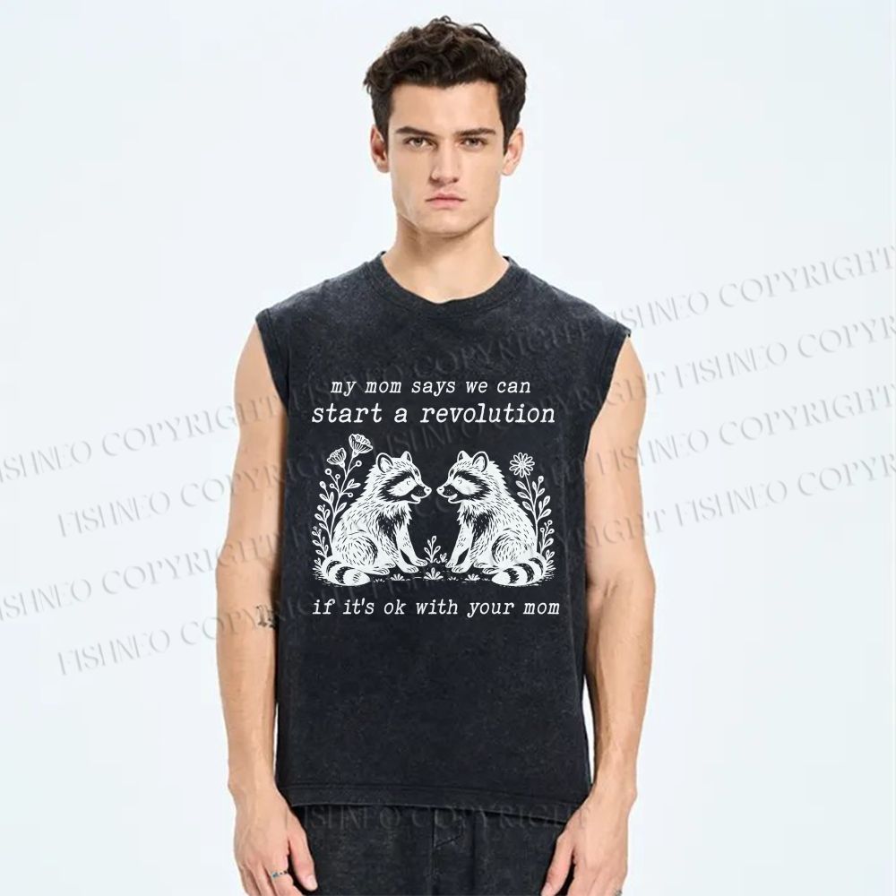 Unisex Revolution Raccoon Printed Washed Tank Top