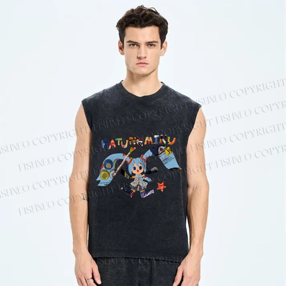 Unisex Hatsune Miku Collage Printed Washed Tank Top