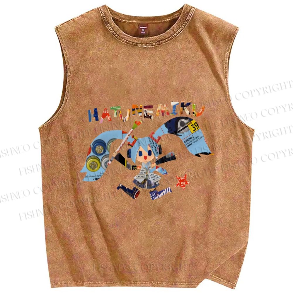Unisex Hatsune Miku Collage Printed Washed Tank Top