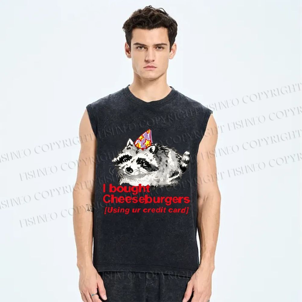 Unisex Funny Raccoon Cheeseburgers Printed Washed Tank Top