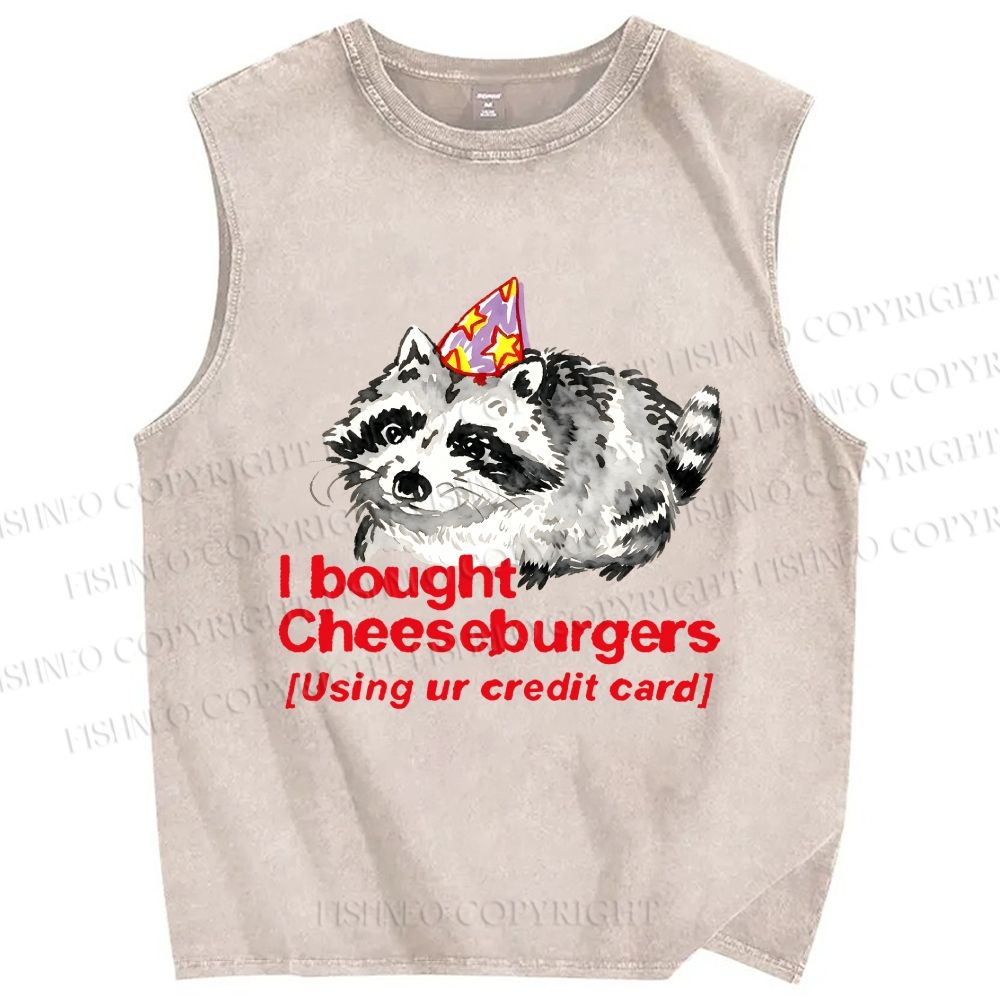 Unisex Funny Raccoon Cheeseburgers Printed Washed Tank Top