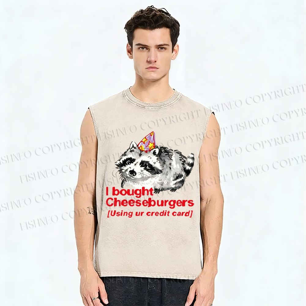 Unisex Funny Raccoon Cheeseburgers Printed Washed Tank Top