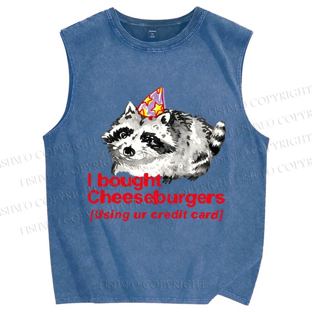Unisex Funny Raccoon Cheeseburgers Printed Washed Tank Top