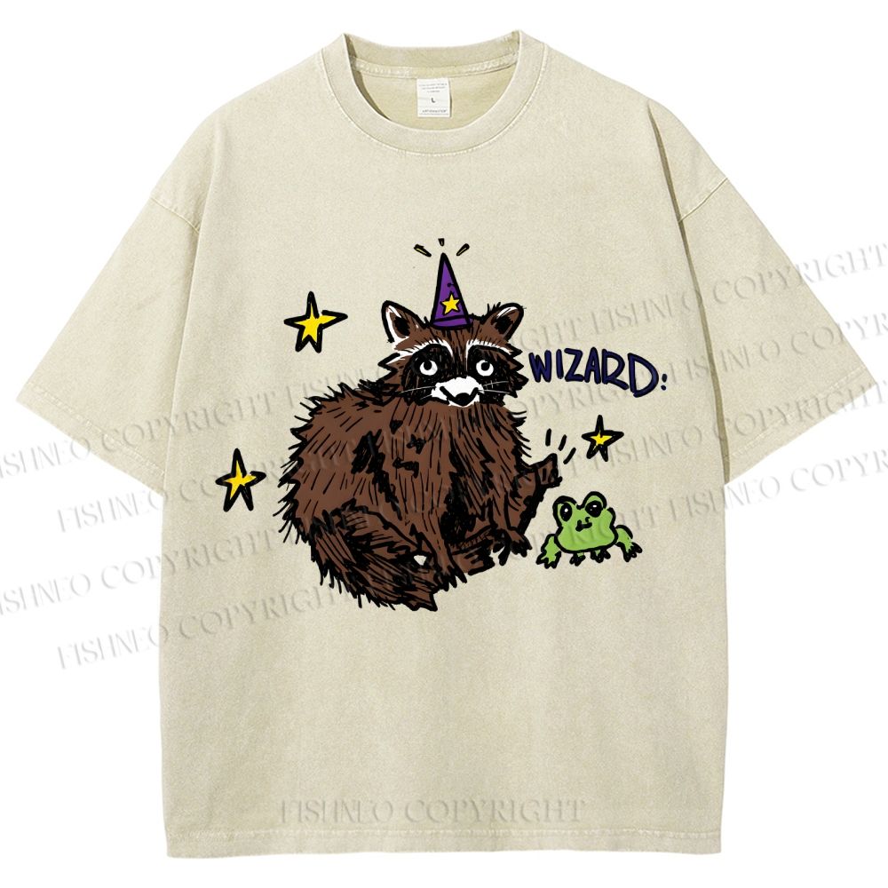 Unisex Wizard Raccoon Printed Washed Tee