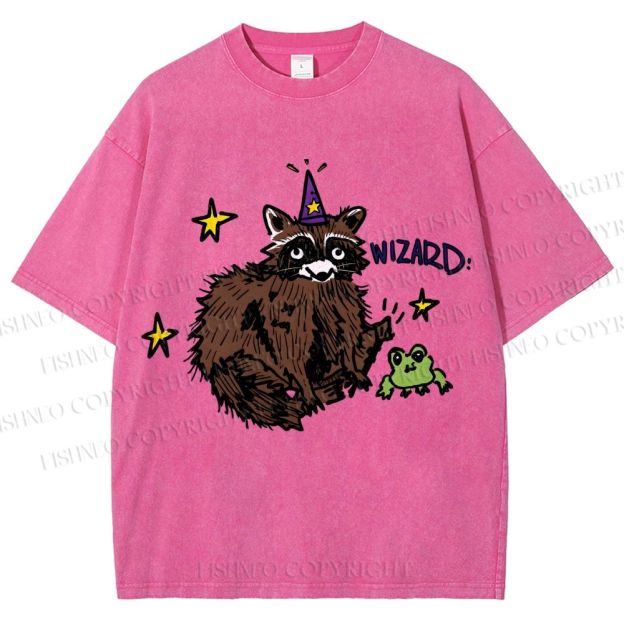 Unisex Wizard Raccoon Printed Washed Tee