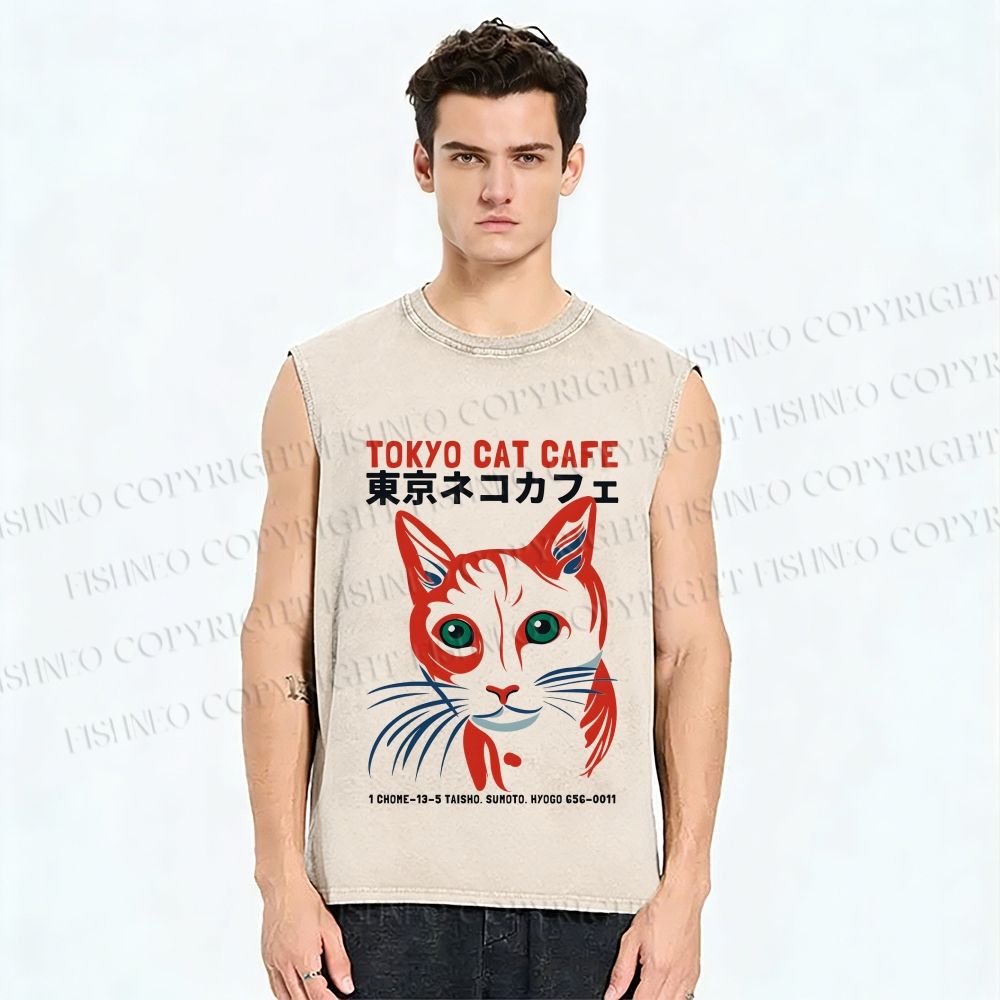 Unisex Tokyo Cat Cafe Retro Printed Washed Tank Top