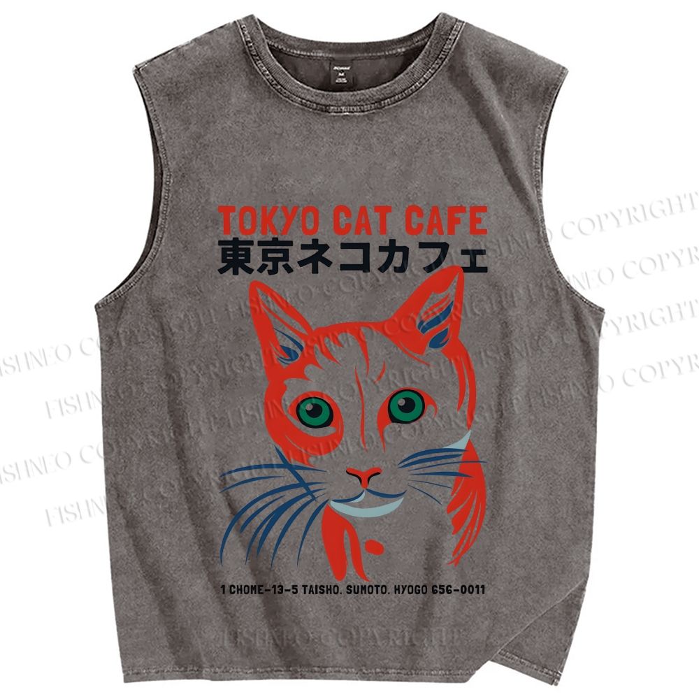 Unisex Tokyo Cat Cafe Retro Printed Washed Tank Top