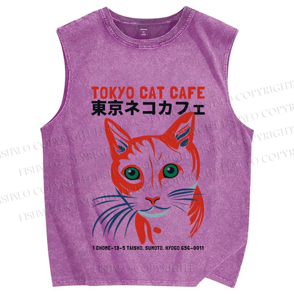 Unisex Tokyo Cat Cafe Retro Printed Washed Tank Top