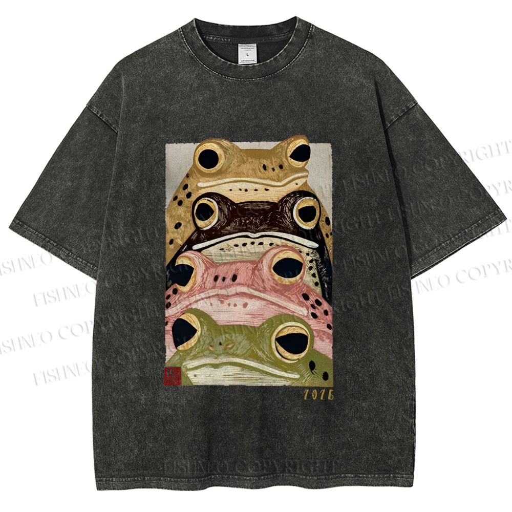 Unisex Whimsical Multi Colored Frog Art Printed Washed Tee