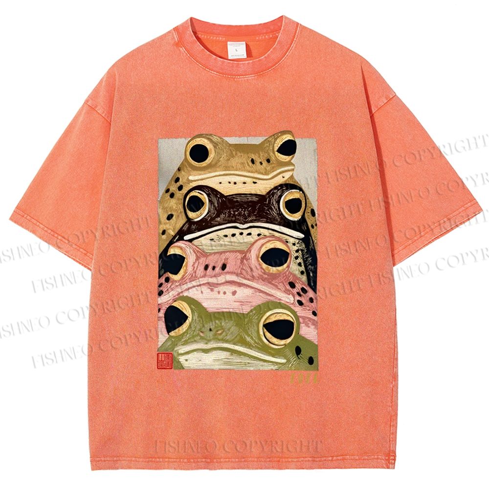 Unisex Whimsical Multi Colored Frog Art Printed Washed Tee