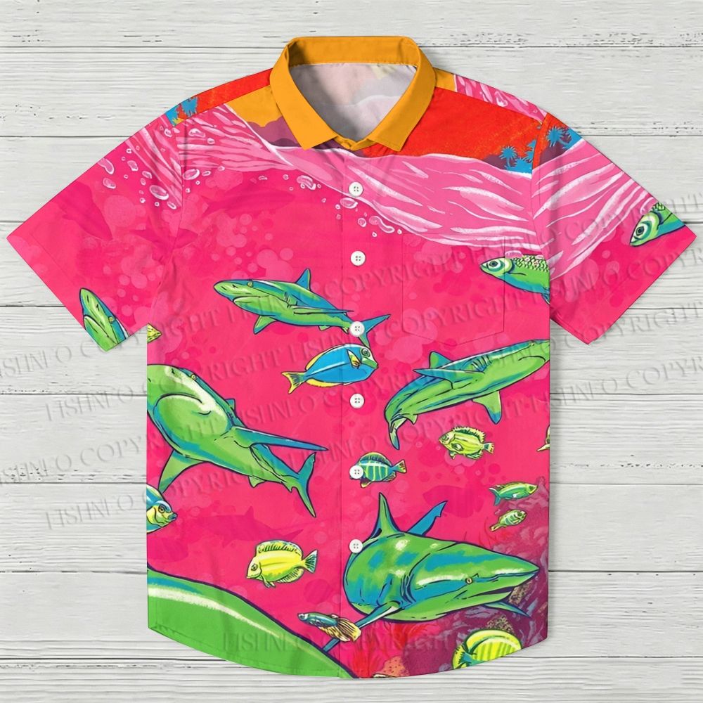 Green Sharks in Pink Ocean Hawaiian Shirt