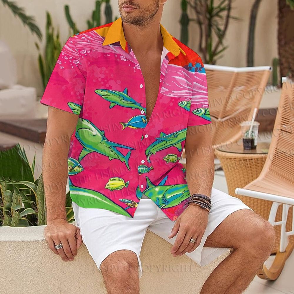 Green Sharks in Pink Ocean Hawaiian Shirt