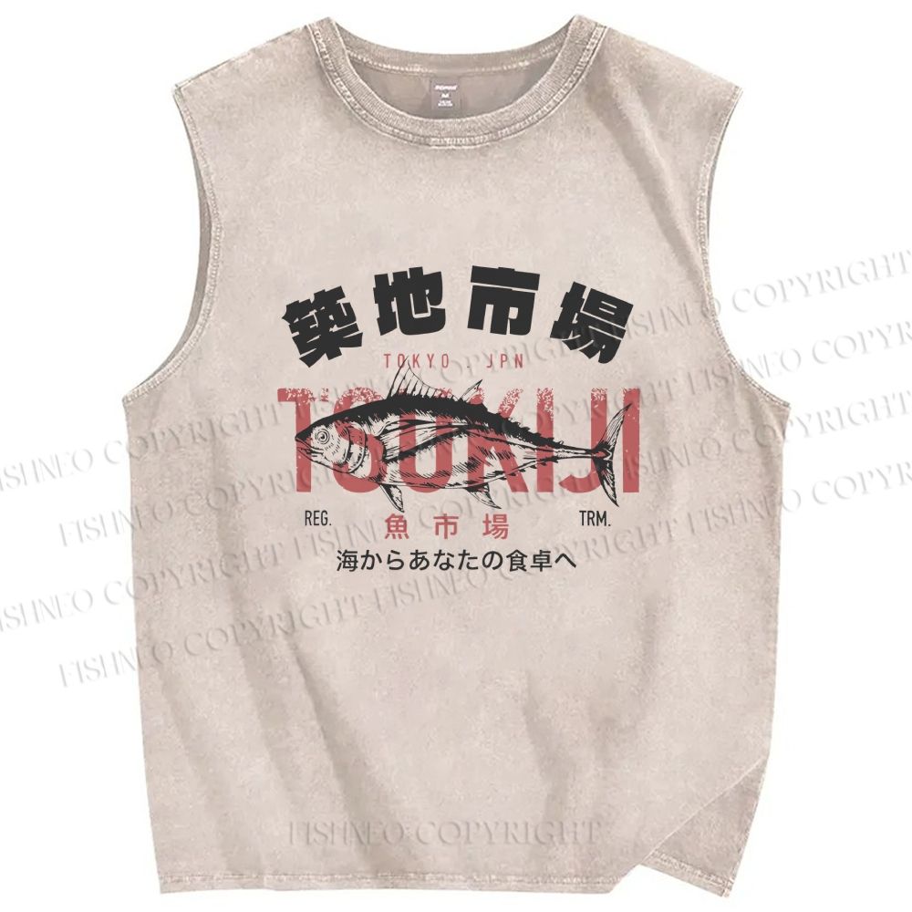Unisex Tsukiji Fish Market Vintage Printed Washed Tank Top
