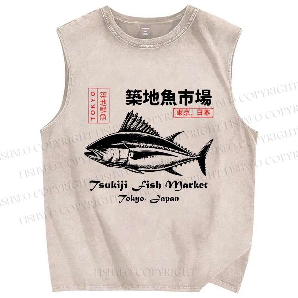 Unisex Tsukiji Fish Market Vintage Printed Washed Tank Top