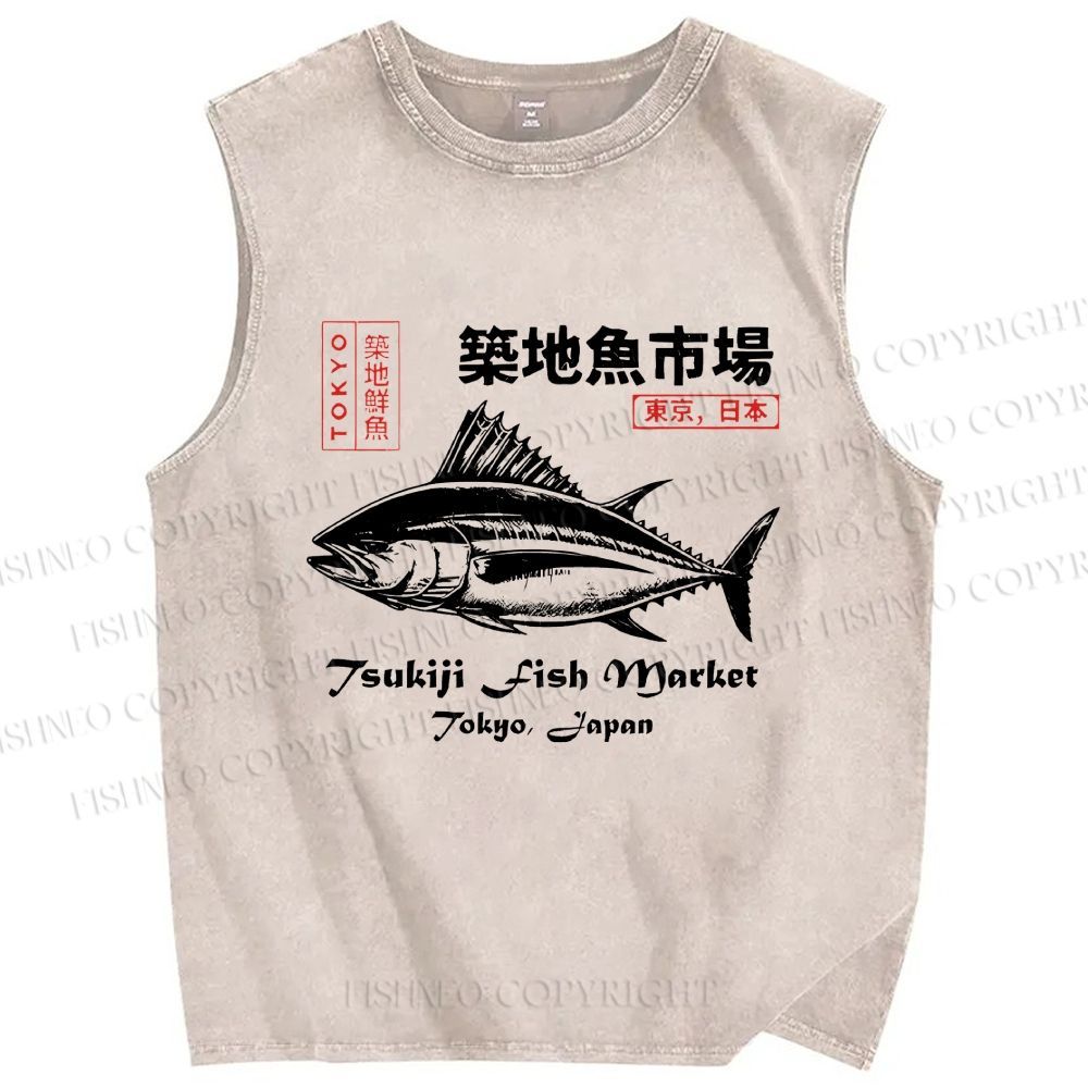 Unisex Tsukiji Fish Market Vintage Printed Washed Tank Top