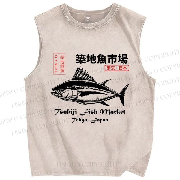 Unisex Tsukiji Fish Market Vintage Printed Washed Tank Top