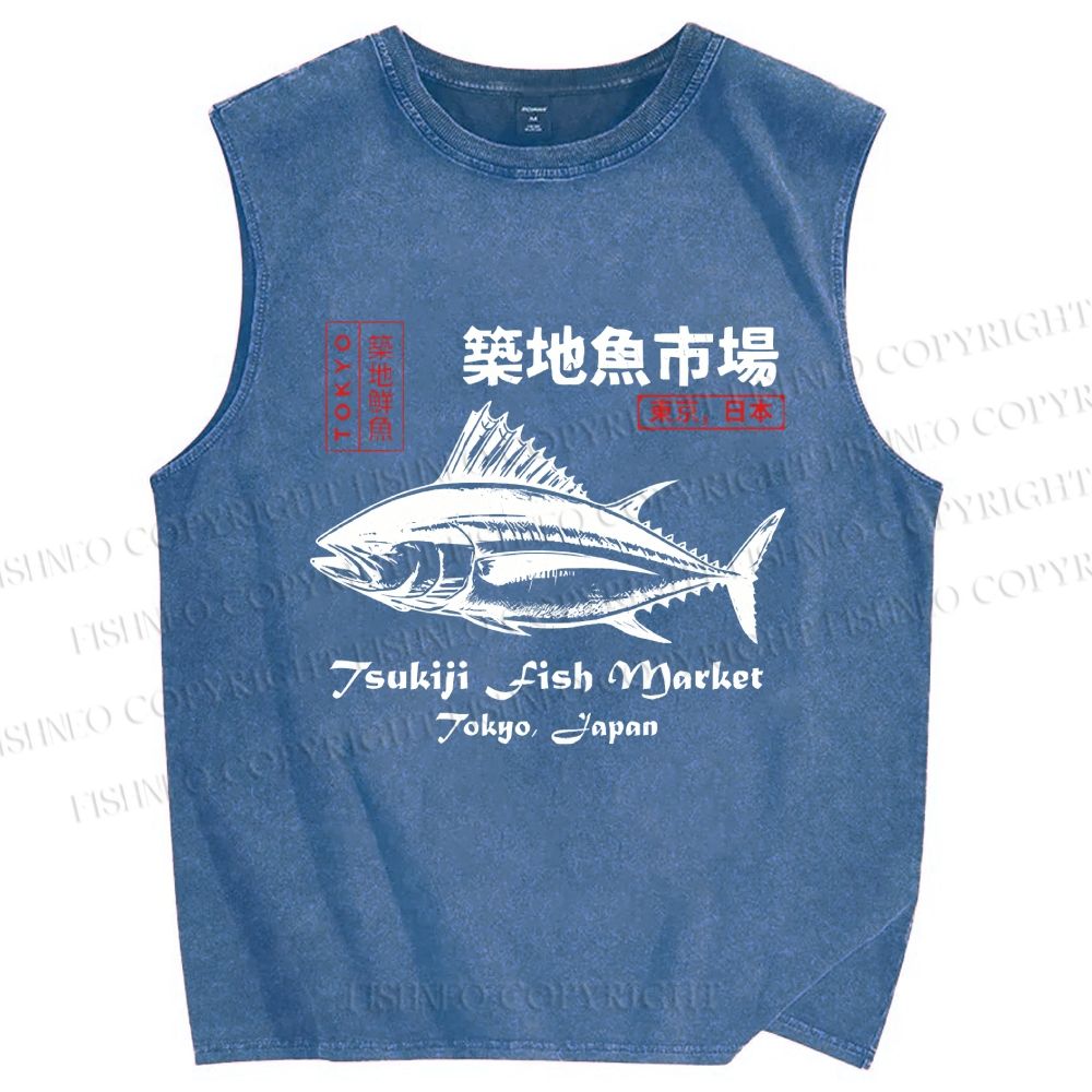Unisex Tsukiji Fish Market Vintage Printed Washed Tank Top