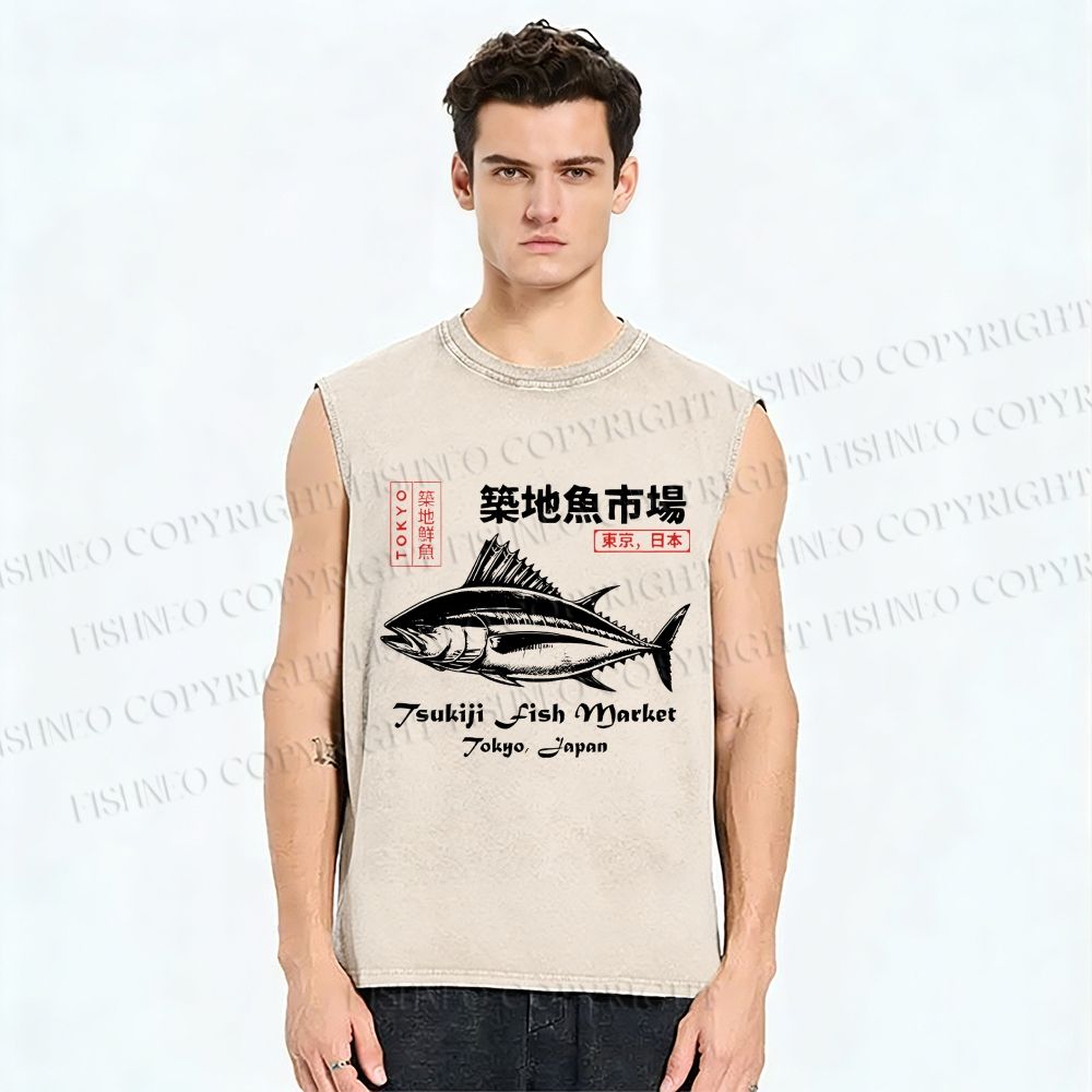 Unisex Tsukiji Fish Market Vintage Printed Washed Tank Top